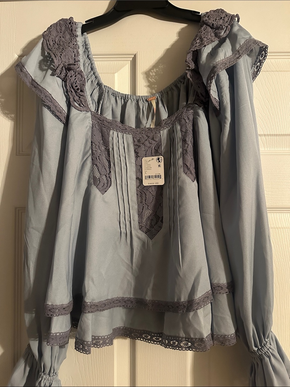 Free People Light Blue Peasant Top with Lace Trim